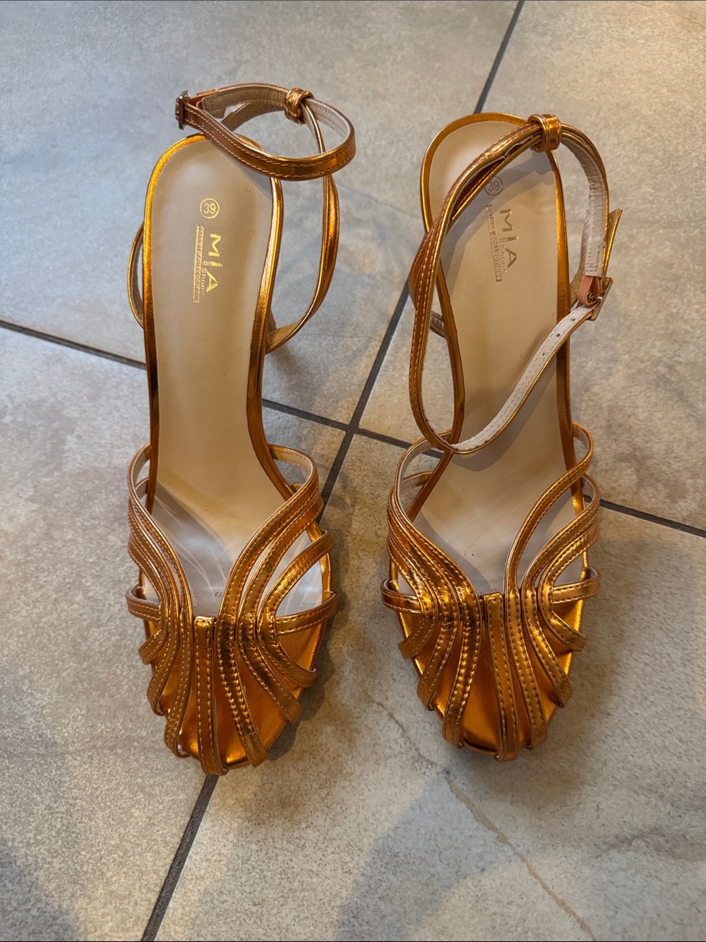 MIA Metallic Copper Strappy Ankle-Heel Sandals